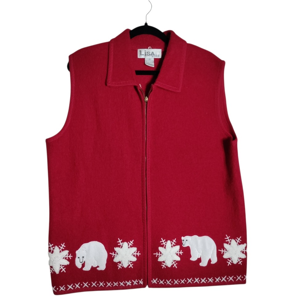 Lisa International Boiled Wool Vest Red Polar Bear Snowflake Zip Front 1X Womens